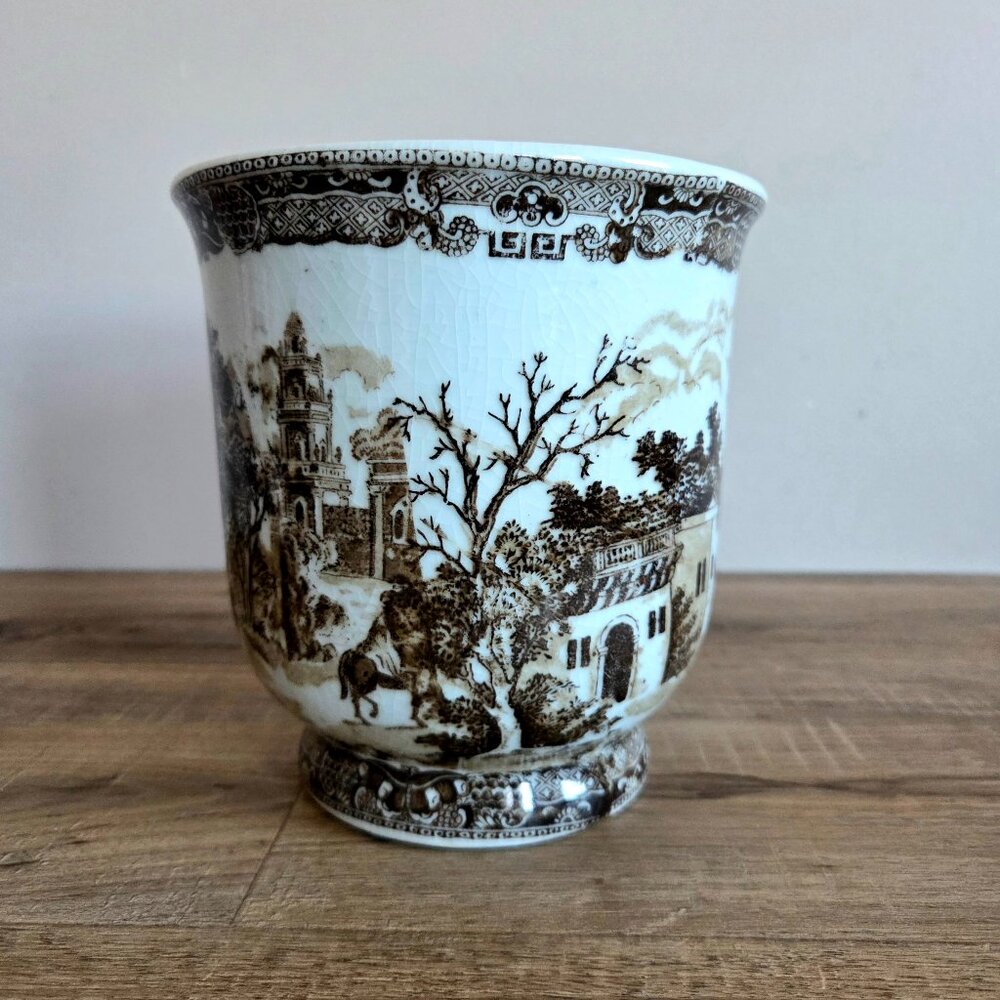 Vintage Victoria Ware Ironstone reproduction transferware scenic design planter.